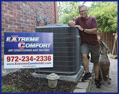 A Happy Dallas central air installation by Extreme Comfort customer next to his new central air conditioning system and his dog 