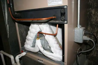 Frozen evaporator coil on an air conditioner causing water leaks when the ice melts