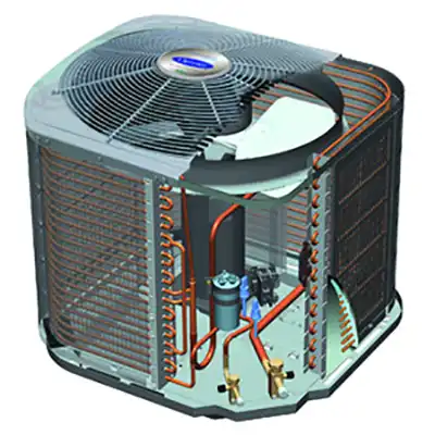 Diagram showing the inner workings and copper tubes of a Carrier outdoor AC condenser coil.