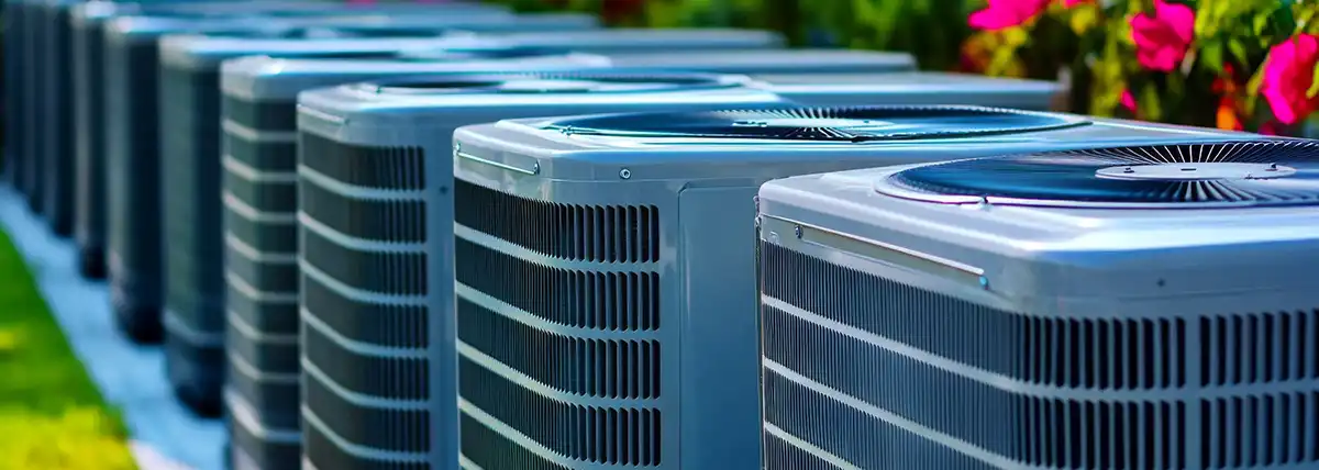 Row of clean, modern outdoor AC condenser units releasing heat into the air.