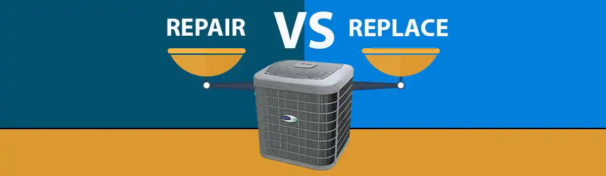 AC repair vs replace graphic showing air conditioner and balanced scale